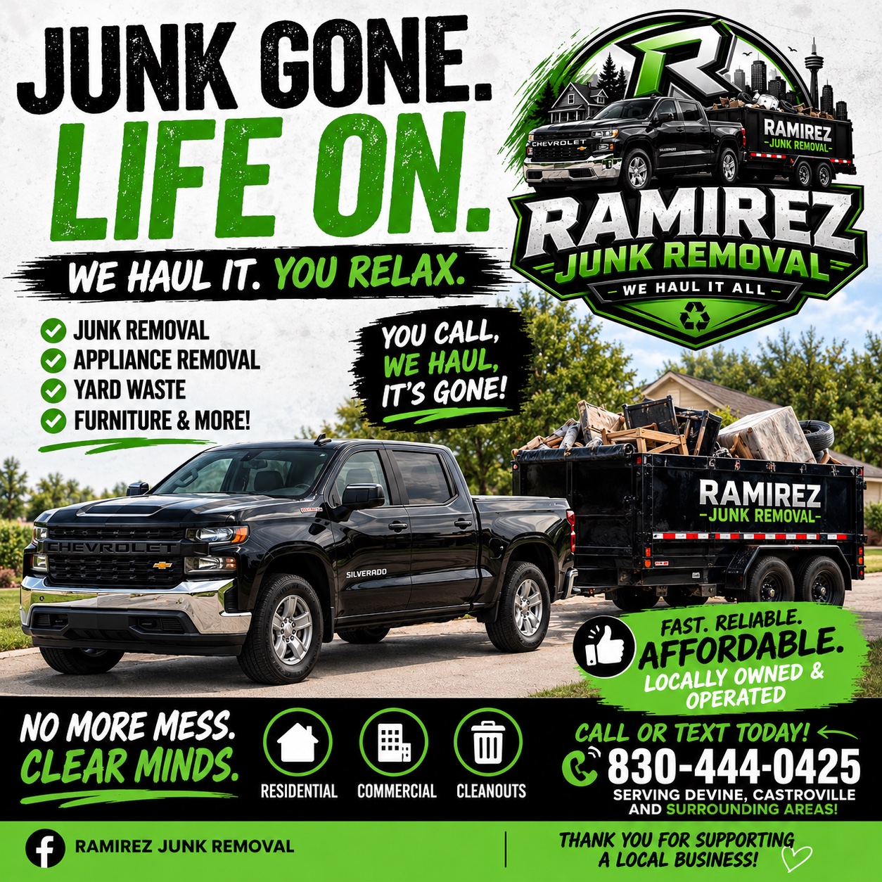 Ramirez Junk Removal black Chevrolet truck and dump trailer